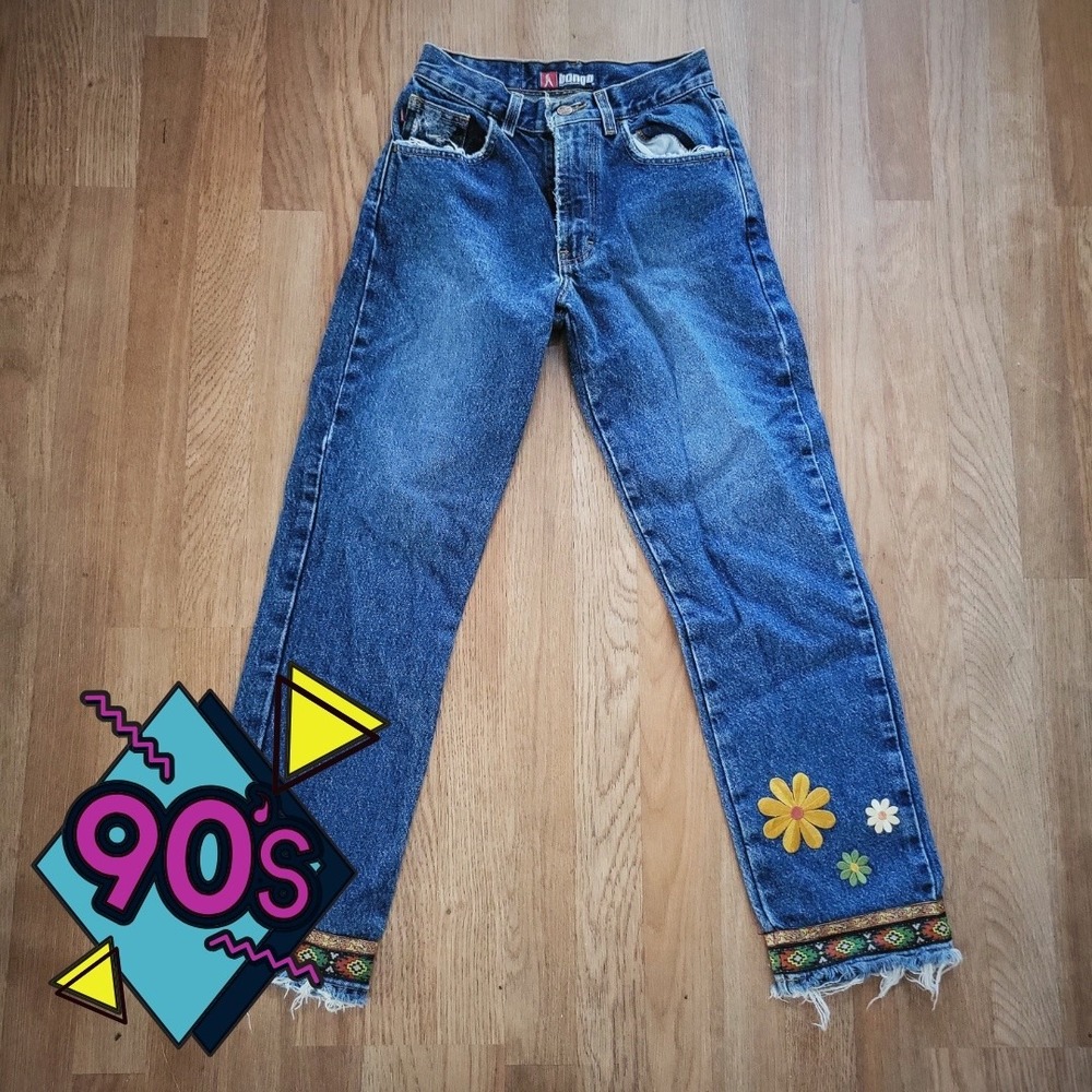 Bongo Flower Hippie Jeans Vintage‎ 90s Appliqué Distressed Hem Boho Festival Y2K